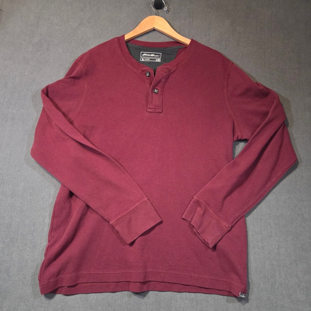 Eddie Bauer Henley Shirt Mens TXL Burgundy Waffle Knit Long Sleeve Outdoor